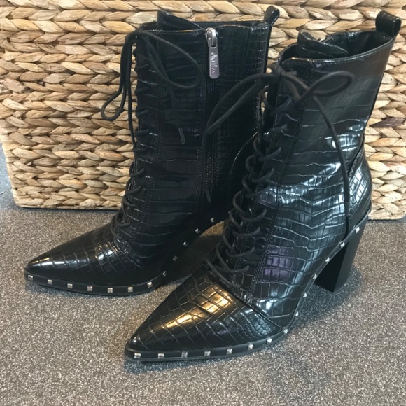 Charles David "Duffy" Black Mid-Calf Pointy Studded Zip/ Lace-up Boots E… - Picture 2 of 16